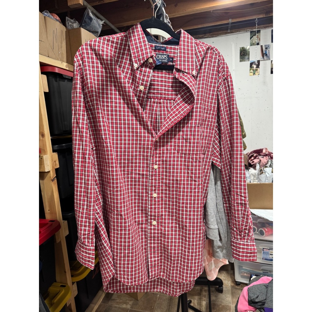 Chaps Ralph Lauren Mens Medium Red Plaid Easy Care Button Down Shirt Long Sleeve